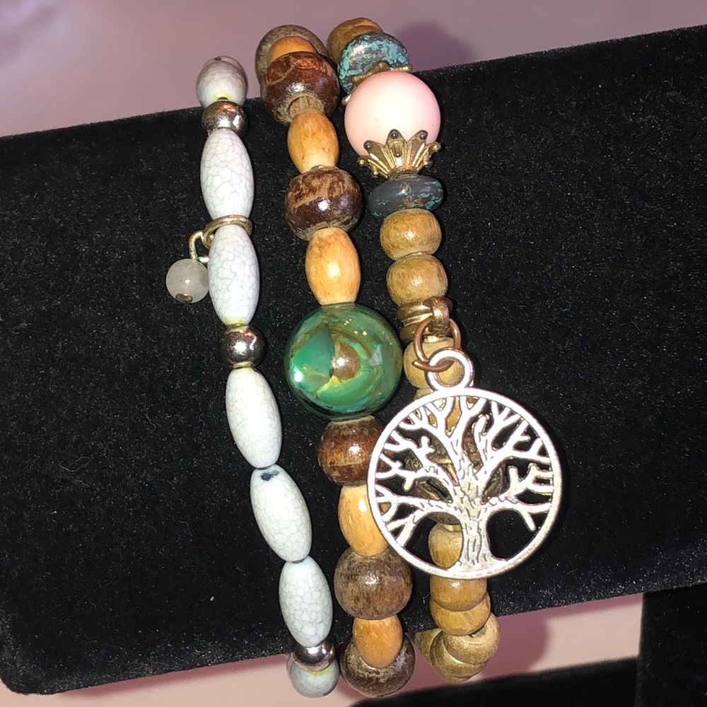 Beaded Tree of Life Stretch Bracelet Set - Purple, Green & Natural Wood